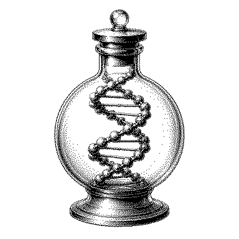 Ablaufschema der DNA-Synthese: links eine Buchstabenfolge am Computer, daneben ein Synthesegerät, das kurze DNA-Stücke von je etwa 200 Bausteinen erzeugt, danach das überlappende Zusammenfügen dieser Stücke zu einem vollständigen Gen, rechts der Einsatz im Labor.