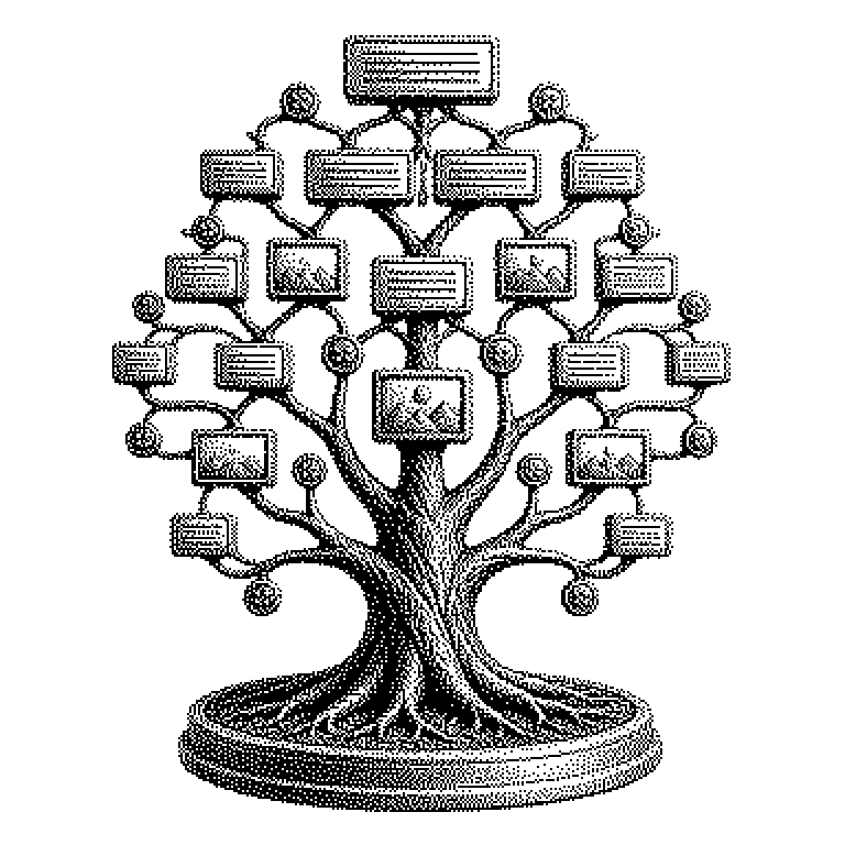Baumdiagramm einer Webseite: oben der Dokumentknoten, darunter verzweigt ein Kopf- und ein Körperbereich, der Körperbereich verzweigt weiter in Überschrift, Absatz mit Textknoten, Bild und Schaltfläche.