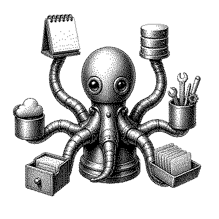 Schema: Links eine Anwendung mit Sprachmodell und eingebautem MCP-Client, rechts mehrere MCP-Server für Dateien, Datenbank und Kalender. Pfeile zwischen Client und Servern zeigen Anfrage und Ergebnis, die Server sind jeweils mit den Bausteinen Ressourcen, Werkzeuge und Prompts beschriftet.