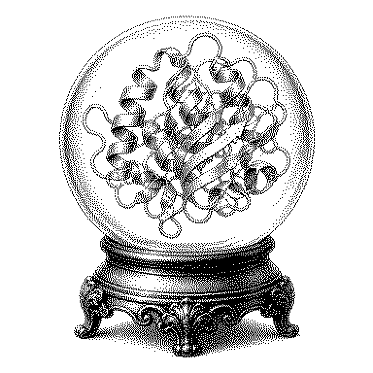 Dreistufiges Schema: links eine lineare Kette aus farbigen Aminosäure-Bausteinen, in der Mitte eine Kontaktkarte mit markierten Paaren aus dem Vergleich verwandter Proteine, rechts das fertige dreidimensional gefaltete Proteinknäuel mit Farbmarkierung für hohe und niedrige Vorhersagesicherheit.