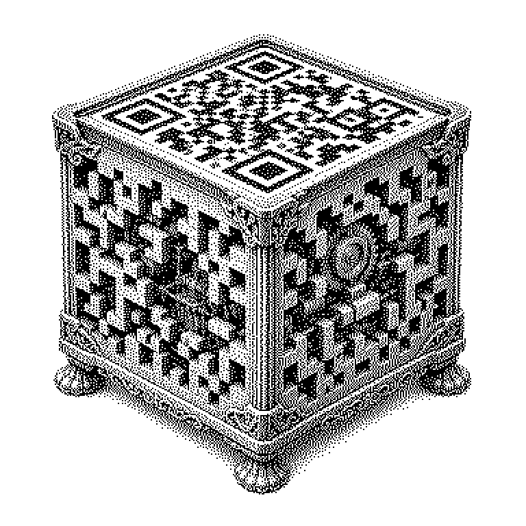 Schema eines QR-Codes: die drei großen Positionsquadrate in den Ecken, das kleinere Ausrichtungsquadrat, der Datenbereich und der Bereich für Fehlerkorrektur sind beschriftet hervorgehoben.