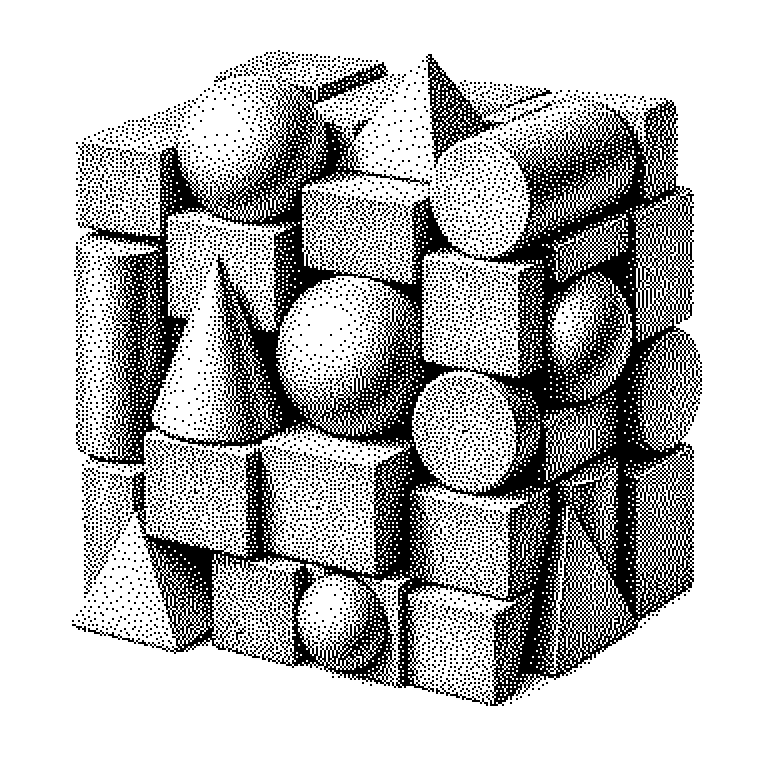 Schema in vier Stufen: links einzelne Grundformen (Punkt, Linie, Dreieck, Würfel, Kugel), daneben ein aus Dreiecken zusammengesetztes Netz einer Kugel, dann die Projektion des Netzes auf eine Bildfläche, rechts das fertig eingefärbte Bild aus Bildpunkten.
