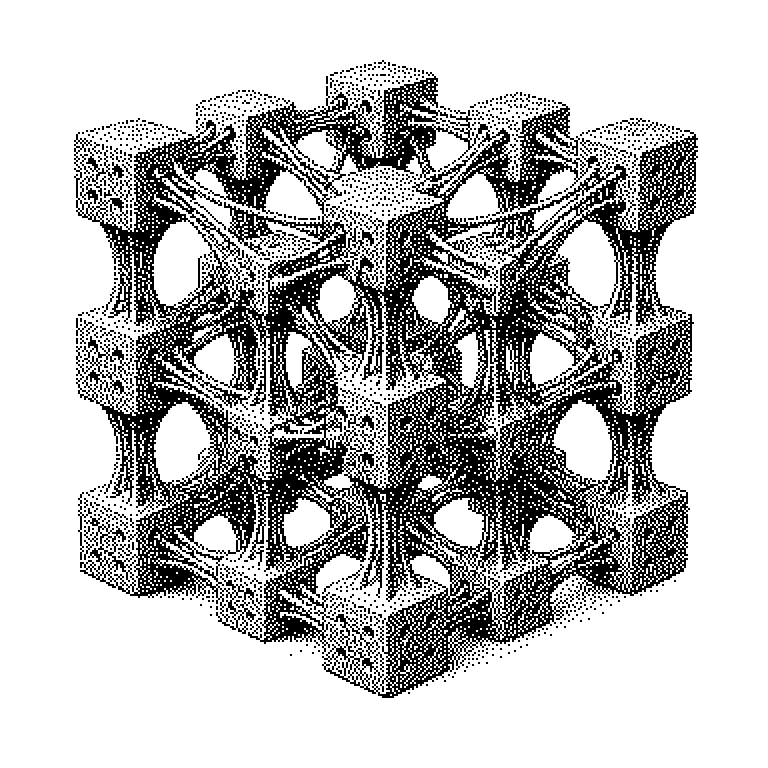 Schematische Darstellung eines Tensornetzwerks: links ein einzelner großer Tensor (mehrdimensionaler Würfel), rechts dieselbe Information als Netz aus mehreren kleinen Tensoren (Kreise), die durch beschriftete Verbindungslinien (Indizes) miteinander verknüpft sind.