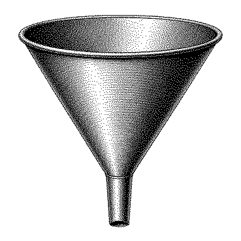 Schematischer Trichter in drei Stufen: oben breit die Aufmerksamkeitsphase (Upper Funnel) mit Fernsehspot, Video und Plakat, in der Mitte die Abwägungsphase (Mid Funnel) mit Vergleichen und Tests, unten schmal die Kaufphase (Lower Funnel) mit Suchanzeige und Rabattcode.